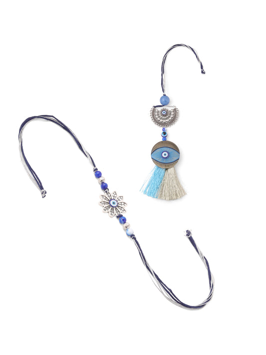 NVR Set of 2 Blue Evil Eye Artificial Beads Bhaiya Bhabhi Rakhi with Roli Chawal Chandan & Mishri