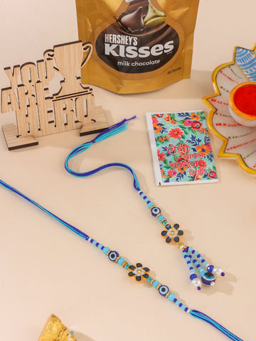 NVR Set of 2 Blue Artificial Beads Evil Eye Bhaiya Bhabhi Rakhi Combo