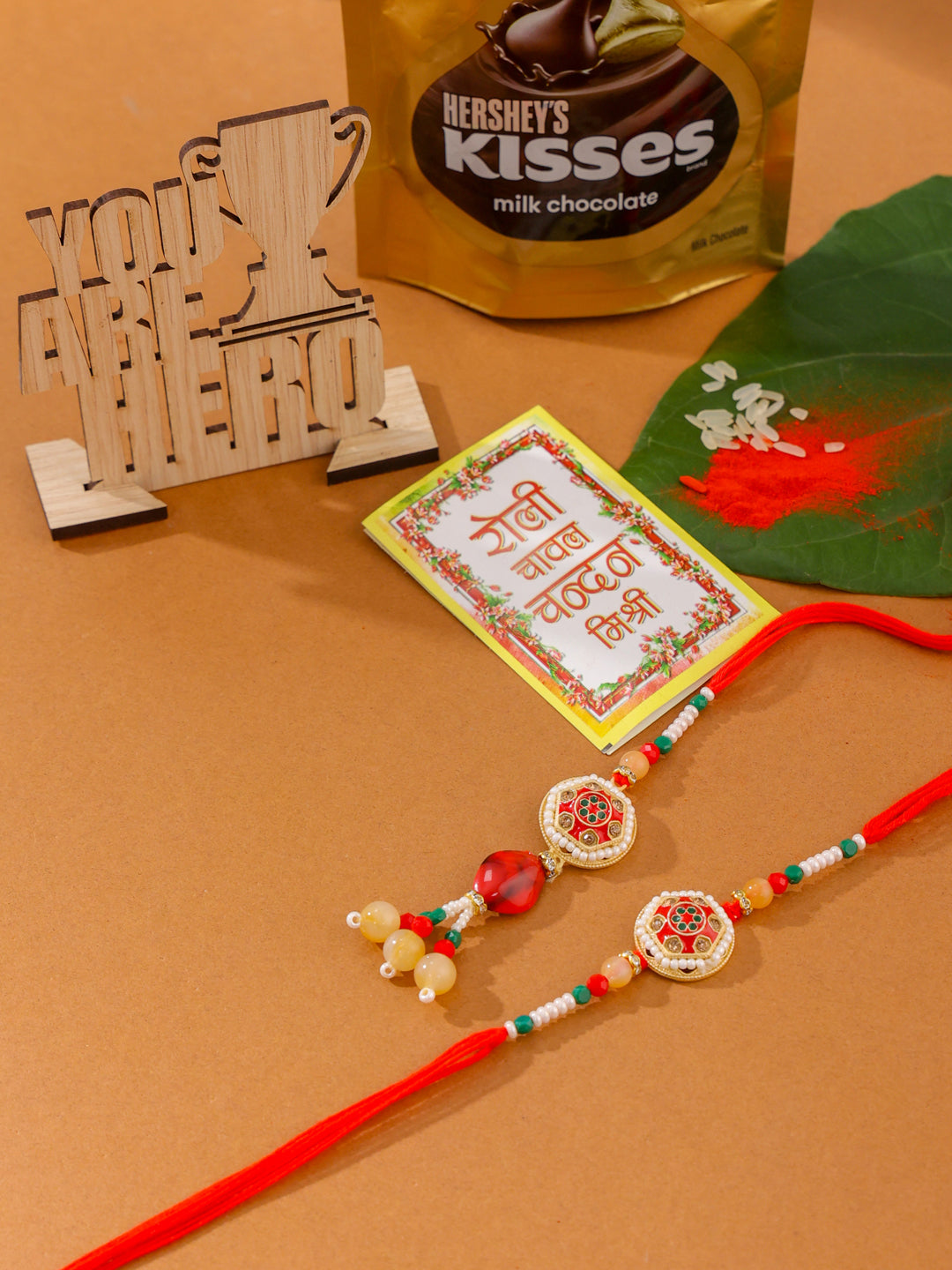 NVR Set of 2 Red Artificial Stones and Beads Bhaiya Bhabhi Rakhi Combo