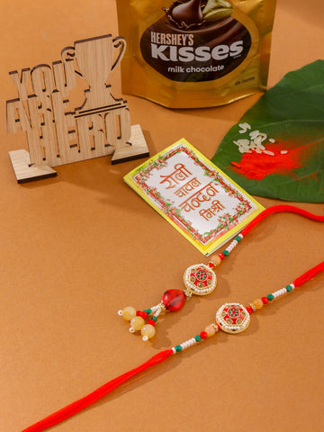 NVR Set of 2 Red Artificial Stones and Beads Bhaiya Bhabhi Rakhi Combo
