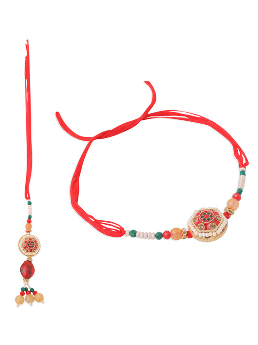 NVR Set of 2 Red Artificial Stones and Beads Bhaiya Bhabhi Rakhi Combo