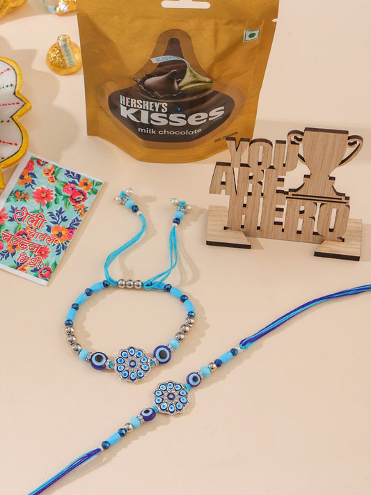 NVR Set of 2 Blue Evil Eye Floral Design Bhaiya Bhabhi Rakhi Combo