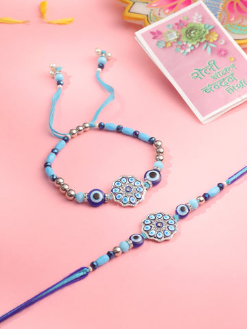 NVR Set of 2 Blue Evil Eye Floral Design Bhaiya Bhabhi Rakhi with Roli Chawal Chandan & Mishri