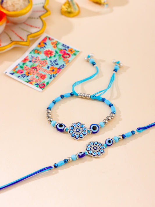 NVR Set of 2 Blue Evil Eye Floral Design Bhaiya Bhabhi Rakhi with Roli Chawal Chandan & Mishri