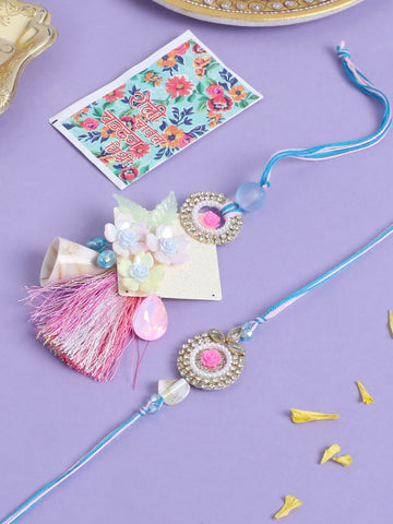 NVR Set of 2 Multicolor Artificial Stones & Beads Floral Design Bhaiya Bhabhi Rakhi with Roli Chawal Chandan & Mishri