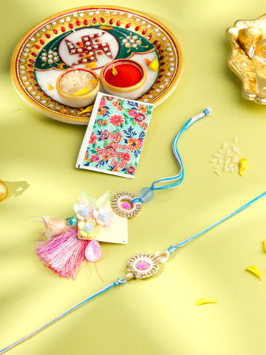 NVR Set of 2 Multicolor Artificial Stones & Beads Floral Design Bhaiya Bhabhi Rakhi with Roli Chawal Chandan & Mishri