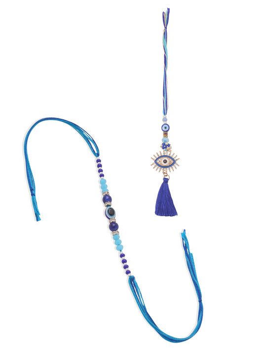 NVR Set of 2 Blue Evil Eye Artificial Stones & Beads Bhaiya Bhabhi Rakhi Combo