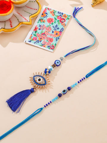 NVR Set of 2 Blue Evil Eye Artificial Stones & Beads Bhaiya Bhabhi Rakhi with Roli Chawal Chandan & Mishri