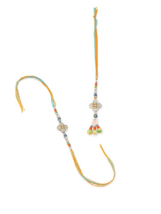 NVR Set of 2 Multicolor Artificial Stones & Beads Floral Bhaiya Bhabhi Rakhi Combo