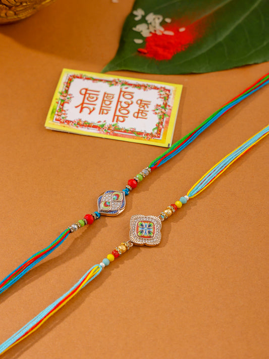 NVR Men Set of 2 Multicolor Artificial Stones Thread Rakhi with Roli Chawal Chandan & Mishri