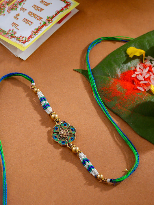 NVR Men Peacock Design Multicolor Artificial Stones & Pearls Thread Rakhi with Roli Chawal Chandan & Mishri