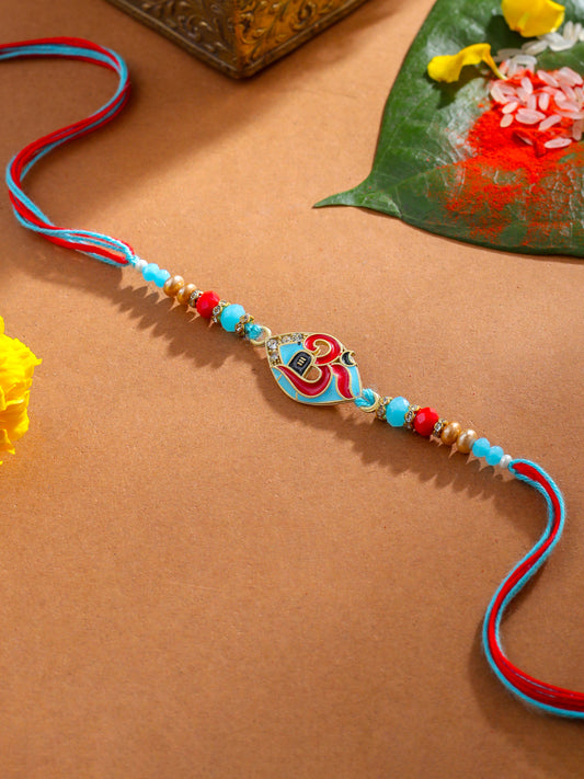 NVR Men Red & Blue Artificial Stones and Beads Om Thread Rakhi with Roli Chawal Chandan & Mishri