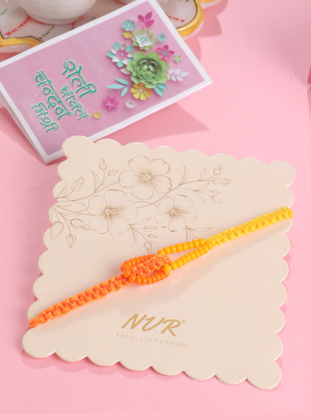 NVR Men's Multicolor Pearls Thread Rakhi with Roli Chawal Chandan & Mishri