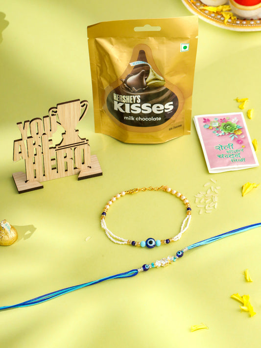 NVR Set of 2 Blue Evil Eye Artificial Stones & Beads Bhaiya Bhabhi Rakhi Combo