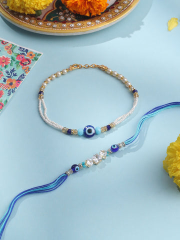NVR Set of 2 Blue Evil Eye Artificial Stones & Beads Bhaiya Bhabhi Rakhi with Roli Chawal Chandan & Mishri
