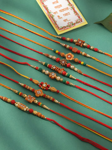 NVR Men Set of 10 Floral Design Red Artificial Stones and Beads Thread Rakhi with Roli Chawal Chandan & Mishri