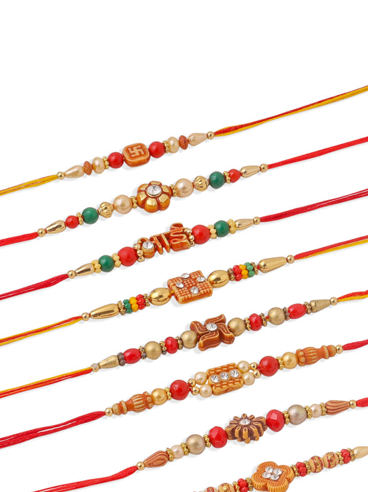 NVR Men Set of 10 Floral Design Red Artificial Stones and Beads Thread Rakhi with Roli Chawal Chandan & Mishri