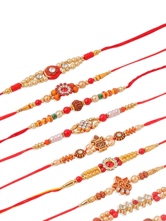 NVR Men Set of 10 Red Artificial Stones and Beads Rudraksh Thread Rakhi Combo