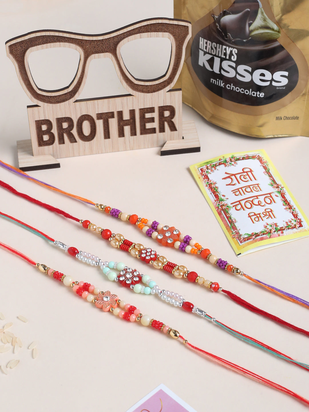 NVR Men Set of 4 Floral Design Multicolor Artificial Stones and Beads Thread Rakhi Combo