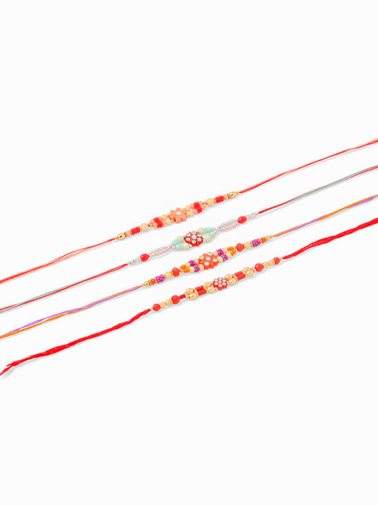 NVR Men Set of 4 Floral Design Multicolor Artificial Stones and Beads Thread Rakhi Combo