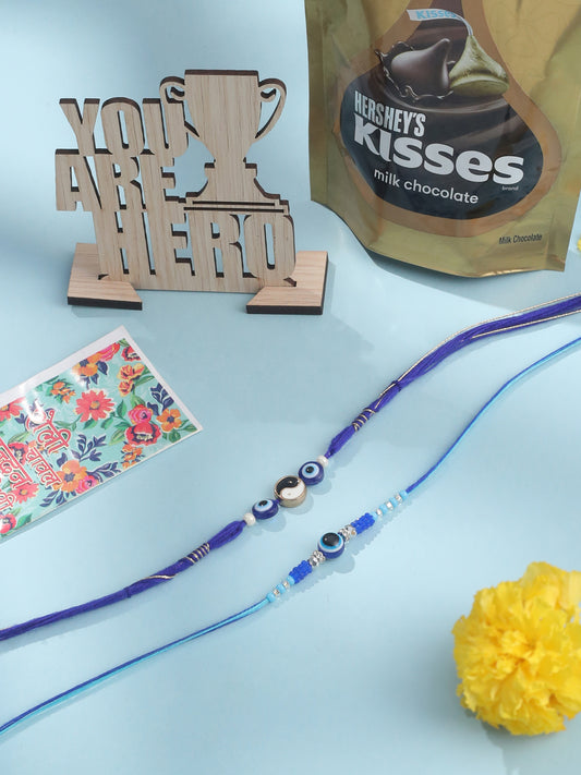 NVR Men Set of 2 Blue Evil Eye Artificial Beads Thread Rakhi Combo