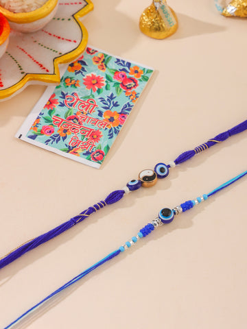 NVR Men Set of 2 Blue Evil Eye Artificial Beads Thread Rakhi with Roli Chawal Chandan & Mishri