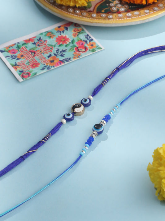 NVR Men Set of 2 Blue Evil Eye Artificial Beads Thread Rakhi with Roli Chawal Chandan & Mishri