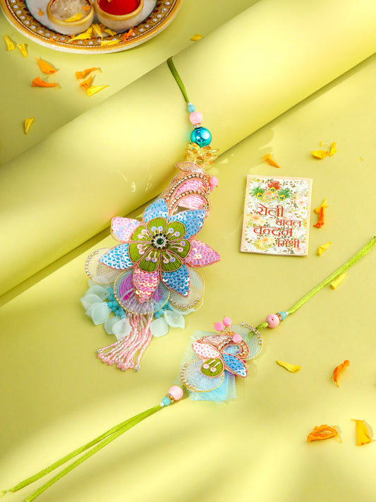 NVR Set of 2 Handmade Multicolor Artificial Stones & Beads Bhaiya Bhabhi Rakhi with Roli Chawal Chandan & Mishri