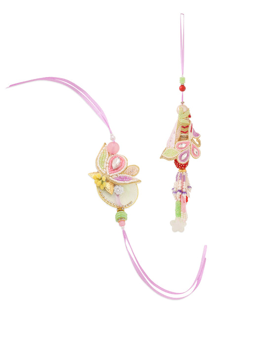 NVR Handcrafted Set of 2 Multicolor Pearls Bhaiya Bhabhi Rakhi with Roli Chawal Chandan & Mishri