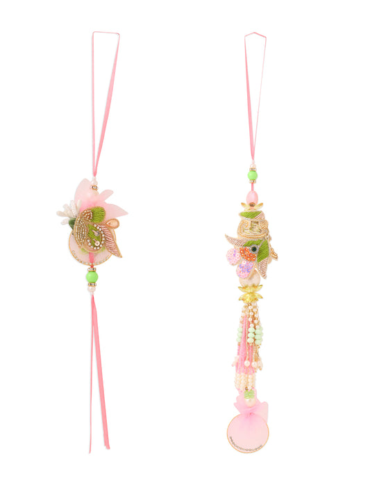 NVR Set of 2 Handcrafted Multicolor Pearls Bhaiya Bhabhi Rakhi with Roli Chawal Chandan & Mishri