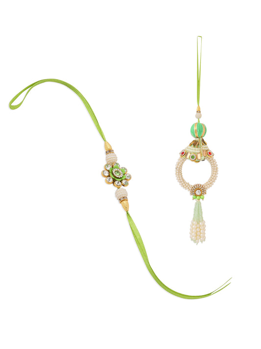 NVR Set of 2 Handcrafted Green Artificial Stones & Pearls Bhaiya Bhabhi Rakhi with Roli Chawal Chandan & Mishri