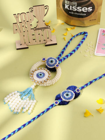 NVR Set of 2 Blue Evil Eye Artificial Stones & Pearls Bhaiya Bhabhi Rakhi Combo