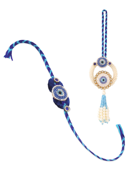 NVR Set of 2 Blue Evil Eye Artificial Stones & Pearls Bhaiya Bhabhi Rakhi with Roli Chawal Chandan & Mishri