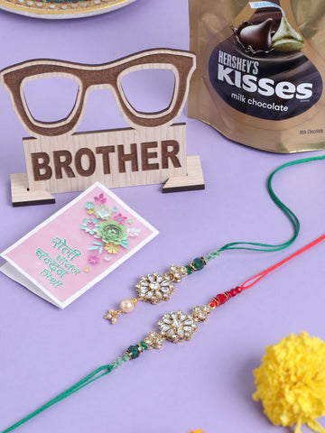 NVR Set of 2 Gold Toned Kundan Studded Floral Design Bhaiya Bhabhi Rakhi Combo