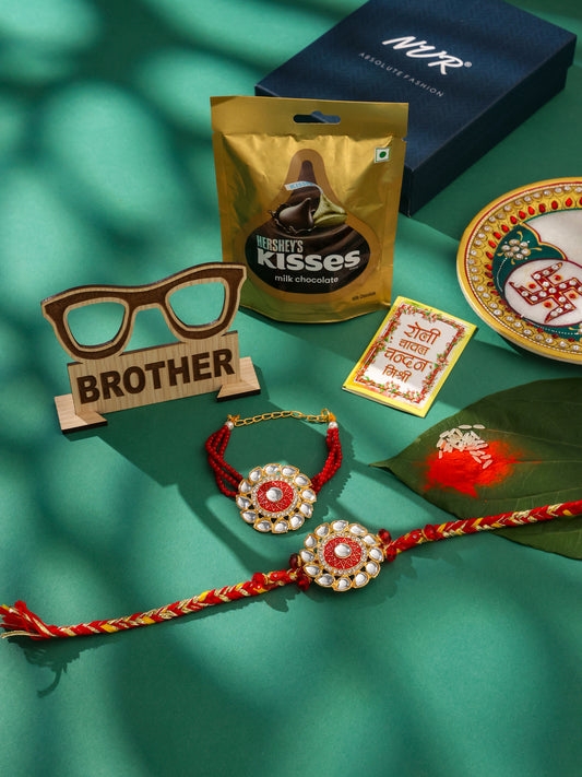 NVR Set of 2 Handmade Red Kundan Studded Floral Design Bhaiya Bhabhi Rakhi Combo