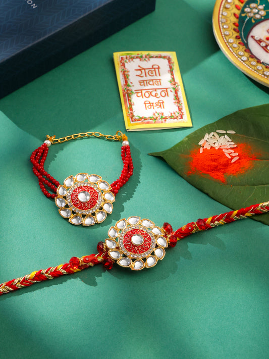 NVR Set of 2 Handmade Red Kundan Studded Floral Design Bhaiya Bhabhi Rakhi with Roli Chawal Chandan & Mishri