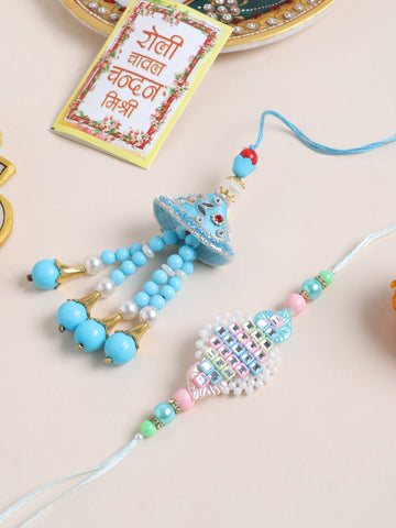 NVR Set of 2 Blue & Pink Artificial Stones & Beads Bhaiya Bhabhi Rakhi with Roli Chawal Chandan & Mishri