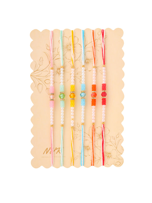 NVR Men Set of 6 Multicolor Artificial Stones & Pearls Rakhi with Roli Chawal Chandan & Mishri