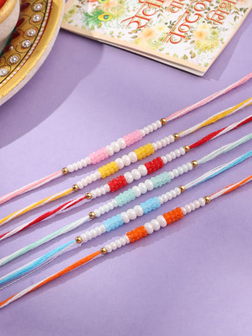 NVR Men Set of 6 Multicolor Pearls Thread Rakhi with Roli Chawal Chandan & Mishri