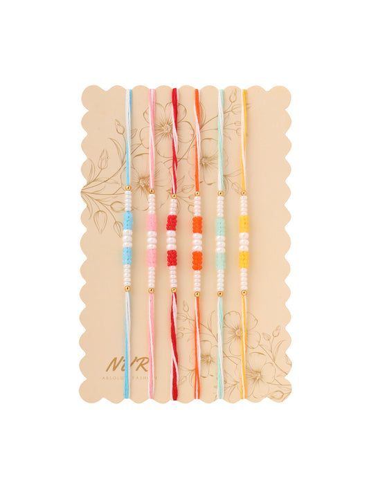 NVR Men Set of 6 Multicolor Pearls Thread Rakhi with Roli Chawal Chandan & Mishri