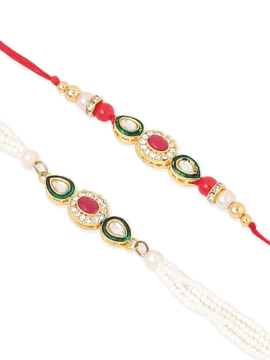 NVR Set of 2 Multicolor Oval Shape Kundan Studded & Beads Bhaiya Bhabhi Rakhi with Roli Chawal Chandan & Mishri