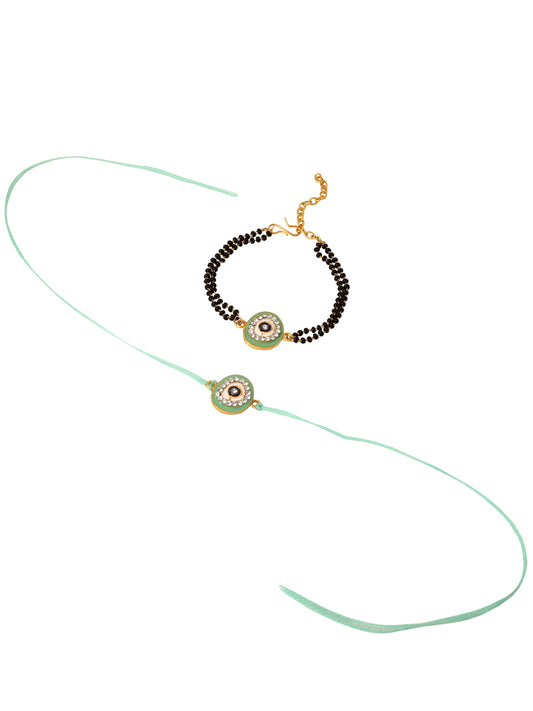 NVR Set of 2 Green Round Shape Artificial Stones Bhaiya Bhabhi Rakhi Combo