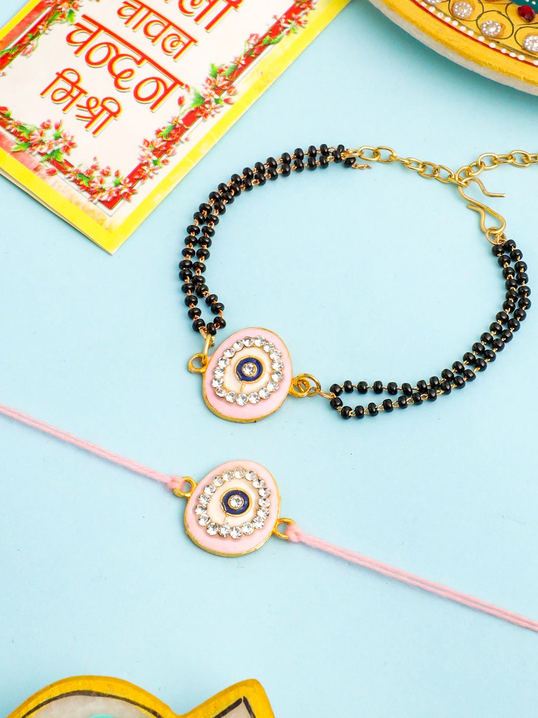 NVR Set of 2 Pink Round Shape Artificial Stones Bhaiya Bhabhi Rakhi with Roli Chawal Chandan & Mishri
