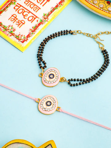 NVR Set of 2 Pink Round Shape Artificial Stones Bhaiya Bhabhi Rakhi with Roli Chawal Chandan & Mishri