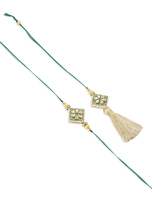 NVR Set of 2 Handmade Green Kundan Studded Bhaiya Bhabhi Rakhi Set with Roli Chawal Chandan & Mishri