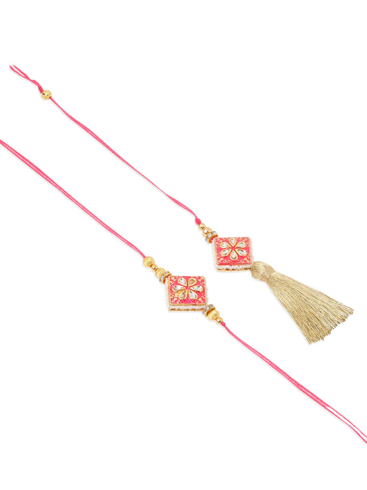 NVR Set of 2 Handmade Pink Kundan Studded Bhaiya Bhabhi Rakhi Set, Combo for Rakshabandhan