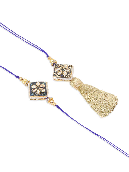 NVR Set of 2 Handmade Blue Kundan Studded Bhaiya Bhabhi Rakhi Set with Roli Chawal Chandan & Mishri