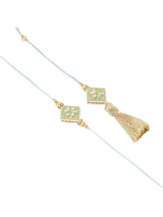 NVR Set of 2 Handmade Sea Green Kundan Studded Bhaiya Bhabhi Rakhi Set with Roli Chawal Chandan & Mishri