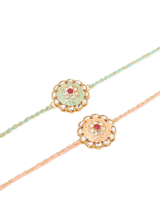 NVR Men Set of 2 Peach & Green Kundan Studded Round Floral Design Rakhi Combo