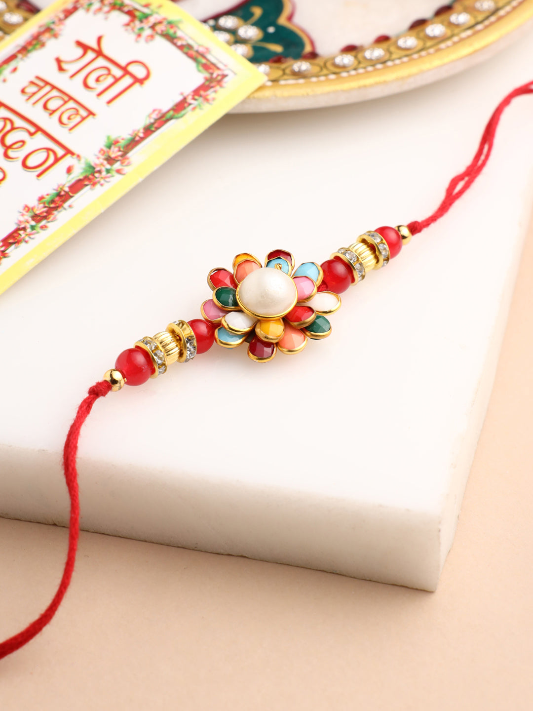 NVR Men Multicolor Beads & Pearls Floral Design Thread Rakhi Roli Chawal Chandan & Mishri